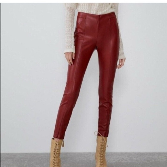 Zara Women’s Red Leather Fleeced Lined Skinny Ankle Fitted High Waisted Pants - Picture 1 of 9